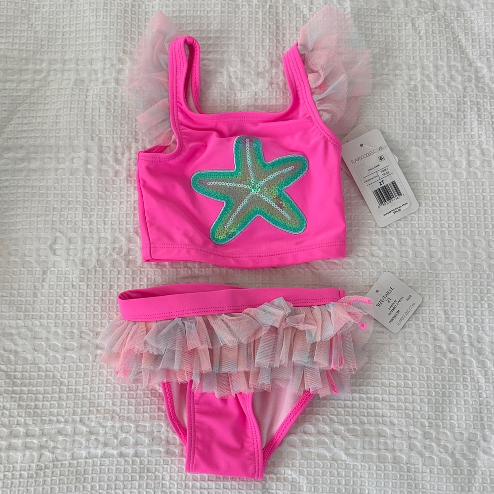 Flapdoodles Girls Pink Ruffle Tankini Set with Sequin Starfish